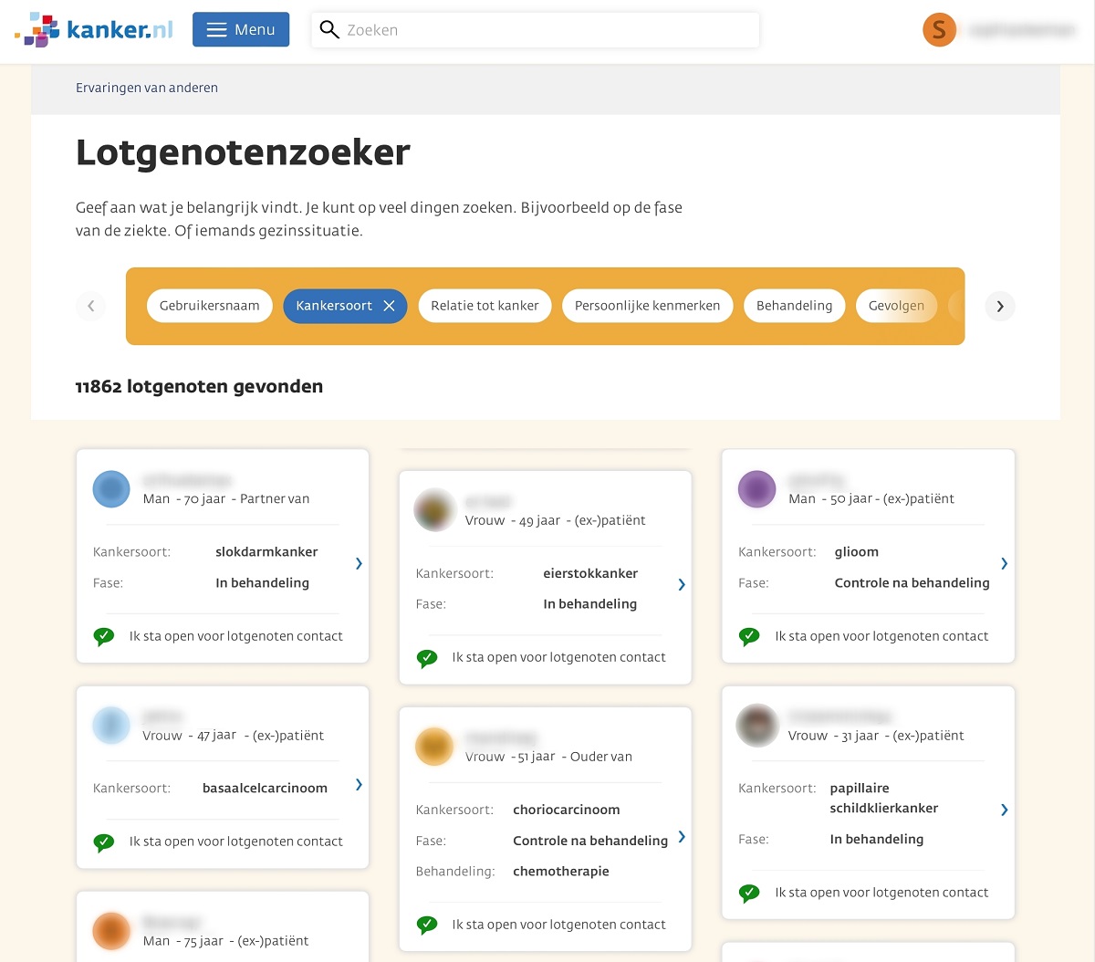 Voorbeeld scherm lotgenotenzoeker