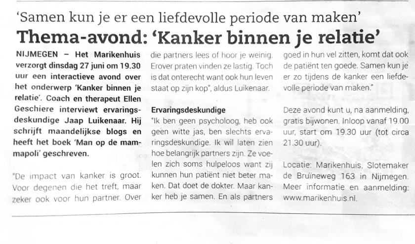Persknipsel waarin bijeenkomst in Marikenhuis op 27/6/23 wordt aangekondigd