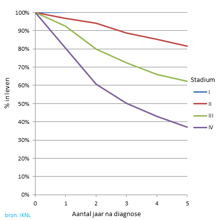Overleving van nierbekkenkanker, per stadium