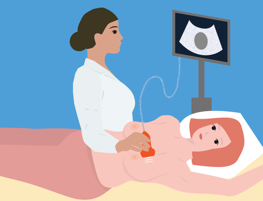 Een vrouw ligt op haar rug terwijl de arts bij haar de echo uitvoert en naar een scherm kijkt..