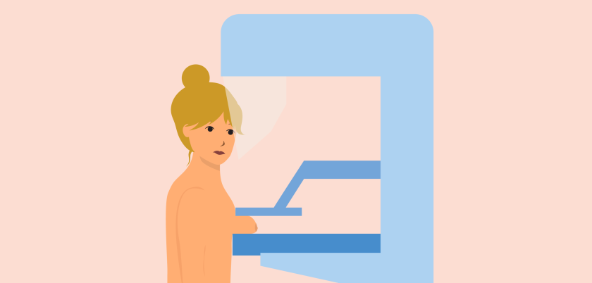 Bij een mammografie wordt je borst korte tijd tussen twee platen gedrukt.