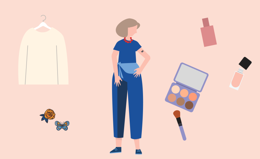 illustratie van een vrouw met om haar heen zaken waarmee je kunt camoufleren, zoals tattoos, make-up en kleding