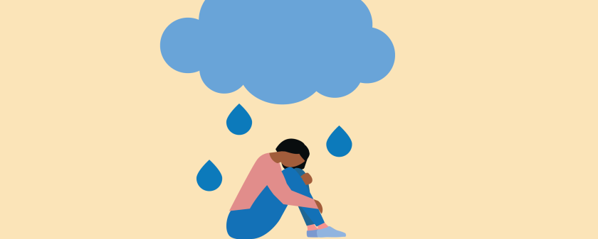 illustratie van een vrouw die met haar knieën opgetrokken onder een wolk met regendruppels zit