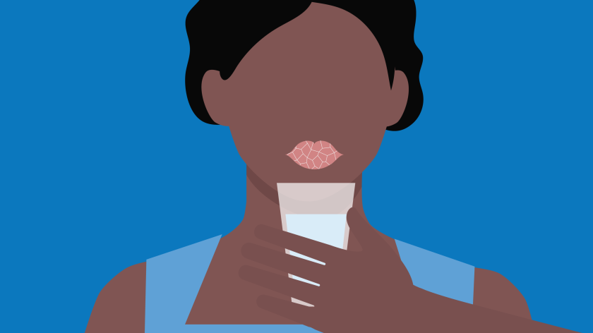 illustratie van vrouw met droge mond, gebarsten lippen, die een bekertje voor haar mond houdt.