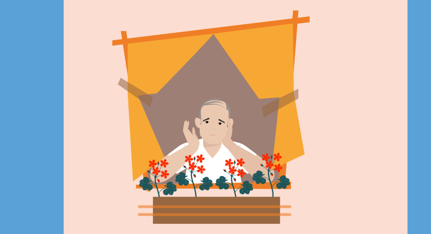 eenzaam uit het raam starende man