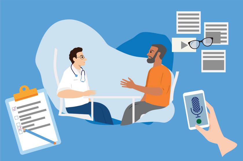 illustratie met arts en patiën die in gesprek zijn met eromheen manieren waarop het gesprek kan plaatsvinden uitgebeeld.