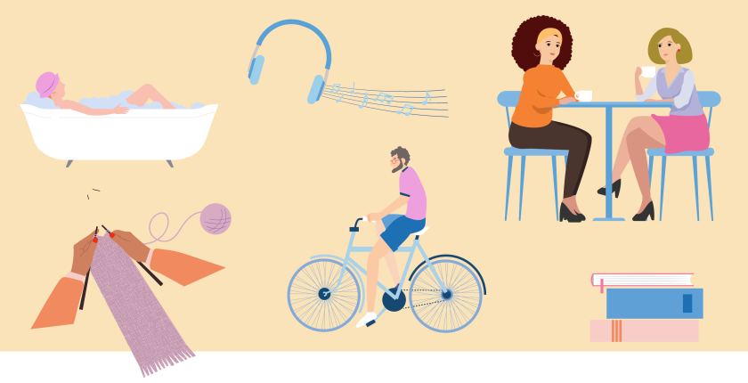 illustratie met meerdere afbeeldingen die manier om te ontspannen voorstellen, zoals in bad gaan, muziek luisteren, fietsen en handwerken.