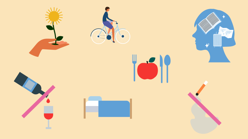 illustratie van zeven items die ene gezonde leefstijl verbeelden, zoals niet roken, een fiets en en een bed