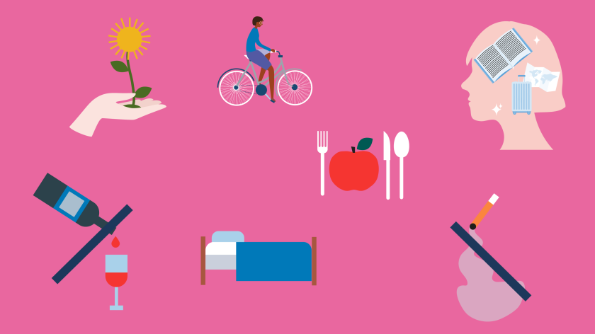 illustratie van zeven items die ene gezonde leefstijl verbeelden, zoals niet roken, een fiets en en een bed