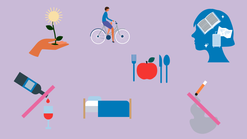 illustratie van zeven items die ene gezonde leefstijl verbeelden, zoals niet roken, een fiets en en een bed