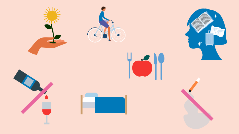 illustratie van zeven items die ene gezonde leefstijl verbeelden, zoals niet roken, een fiets en en een bed