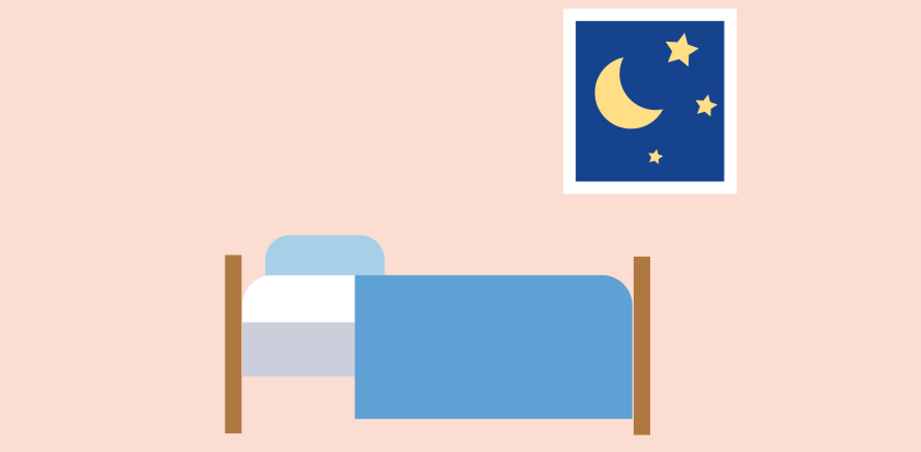 illustratie van een bed en een raam waardoor de maan en sterren te zien zijn