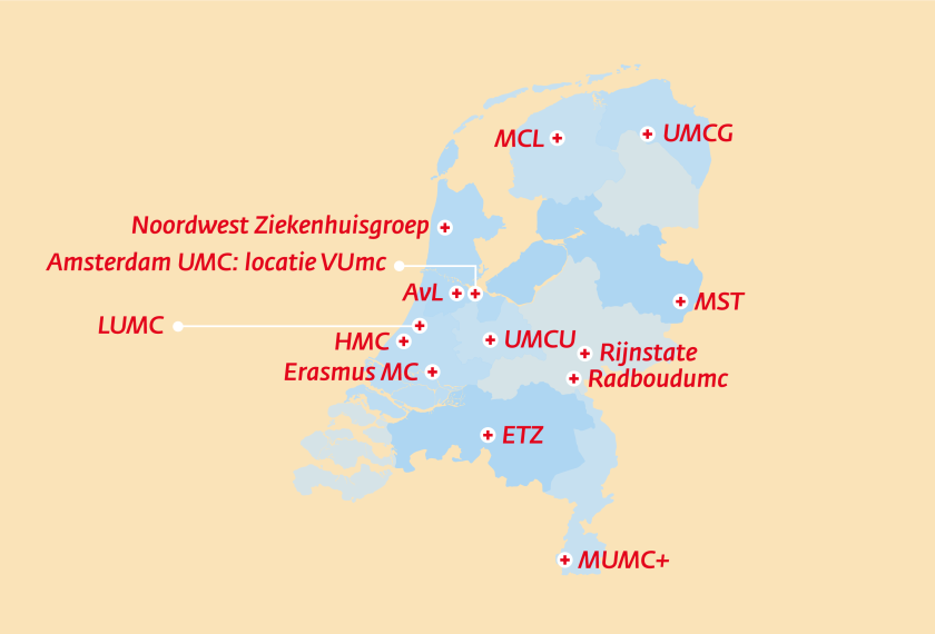 Er zijn 13 gespecialiseerde ziekenhuizen voor hoofd-halskanker, verspreid over het hele land. 