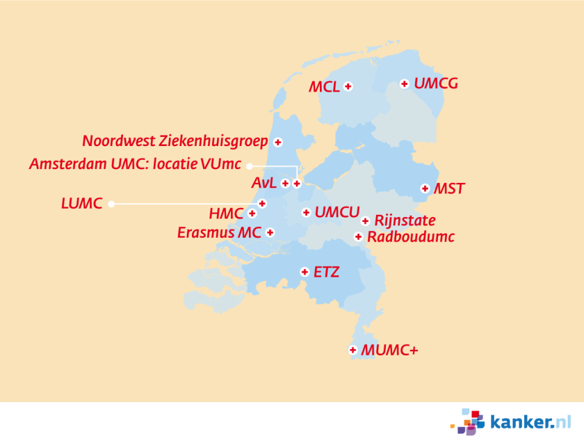 Er zijn 13 gespecialiseerde ziekenhuizen voor hoofd-halskanker, verspreid over het hele land. 