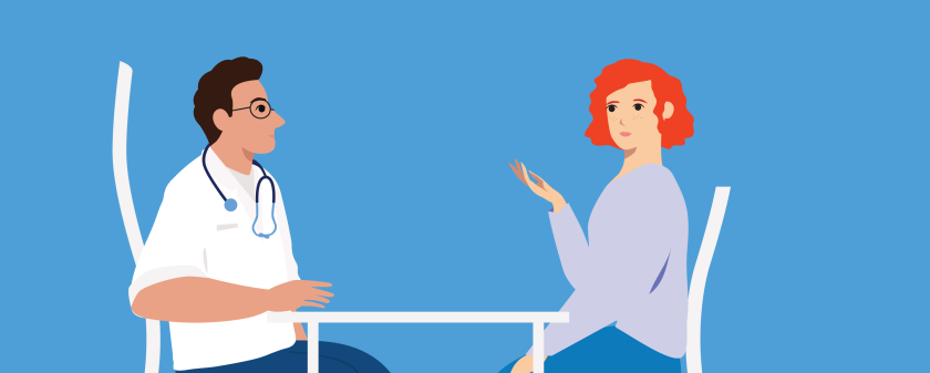 illustratie van een mannelijke arts en een vrouw die aan tafel zitten en praten met elkaar