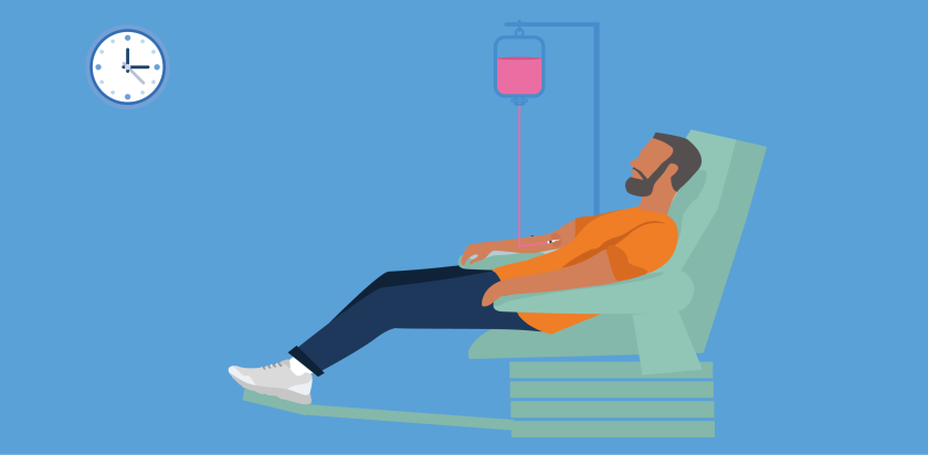 illustratie van een man die in een stoel ligt en via het infuus immunotherapie in zijn arm krijgt