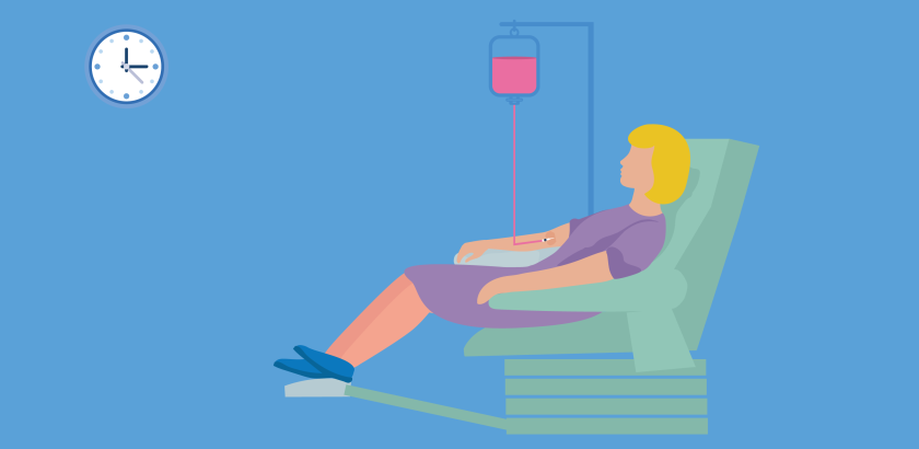 illustratie van een vrouw die in een stoel ligt en via het infuus immunotherapie in haar arm krijgt