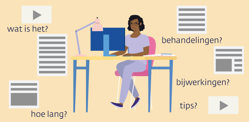 vrouw aan tafel op computer die allemaal dingen opzoekt over haar ziekte