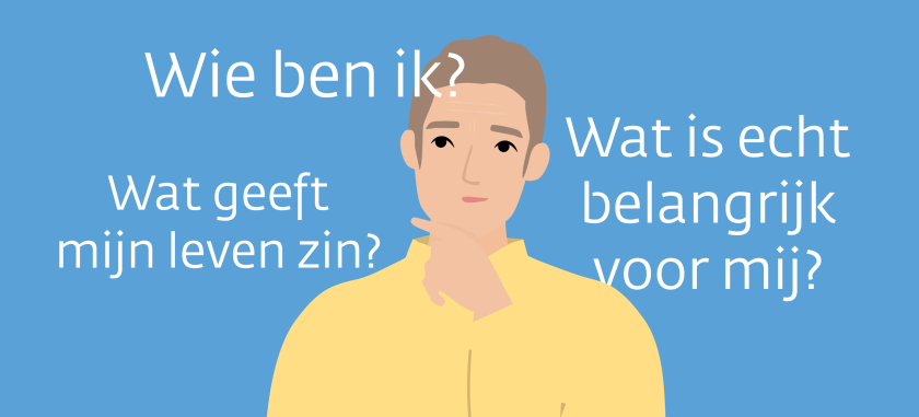een man die vragen kijkt met drie levensvragen naast zijn hoofd