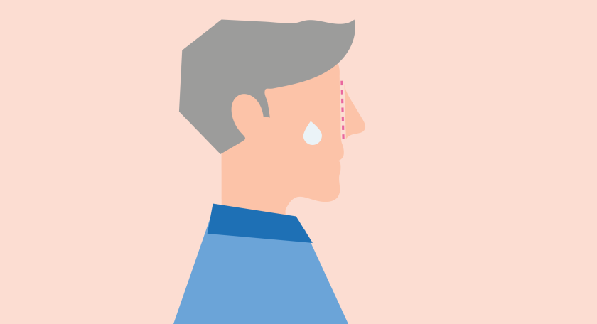 illustratie van een het hoofd van een man van de zijkant, met een stippellijn langs zijn neus en een traan op zijn wang