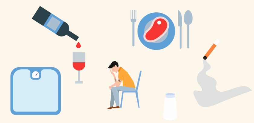 illustratie met 5 afbeeldingen die risicofactoren voor maagkanker symboliseren, zoals een wijnfles, rood vlees en een sigaret.