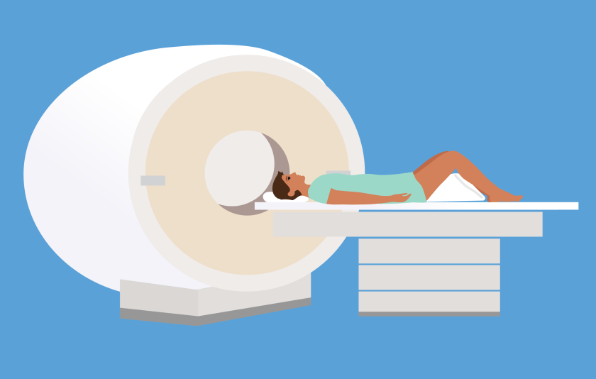 illustratie van een man die op zijn rug ligt en de ronde opening van de mri-scanner ingeschoven wordt