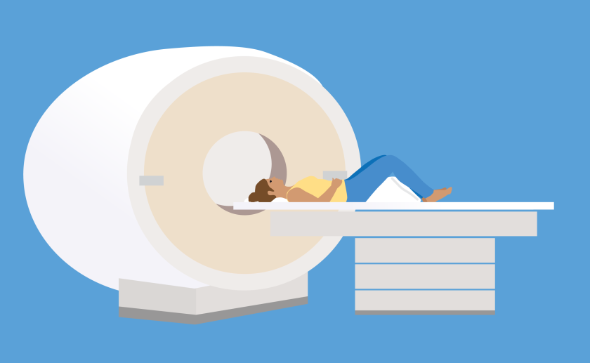 illustratie van een vrouw die op haar rug ligt en de ronde opening van de mri-scanner ingeschoven wordt.