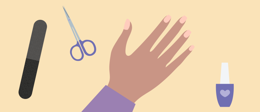 illustratie van een hand met gelakte nagels en attributen eromheen zoals een vijl en een nagelschaartje