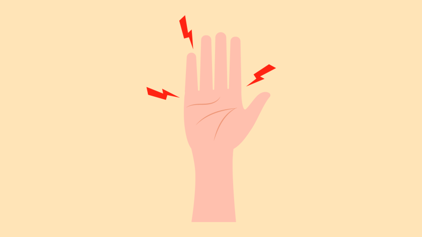 illustratie van een hand met bliksems eromheen om pijn aan te duiden
