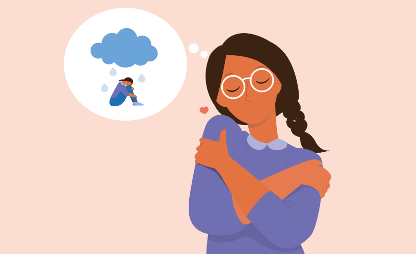 illustratie van meisje dat denkt aan hoe verdrietig ze zich voelt, met haar armen om zich heen geslagen