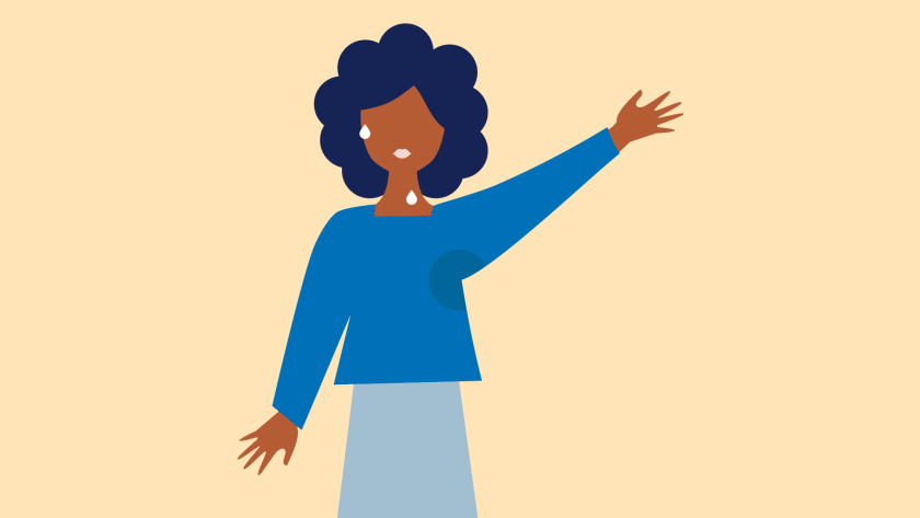 illustratie van een vrouw met natte plek onder haar oksel en zweetdruppels op haar voorhoofd