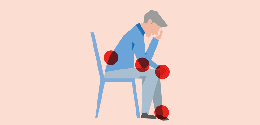 man op stoel met rode bolletjes als pijnpunten op zijn lijf