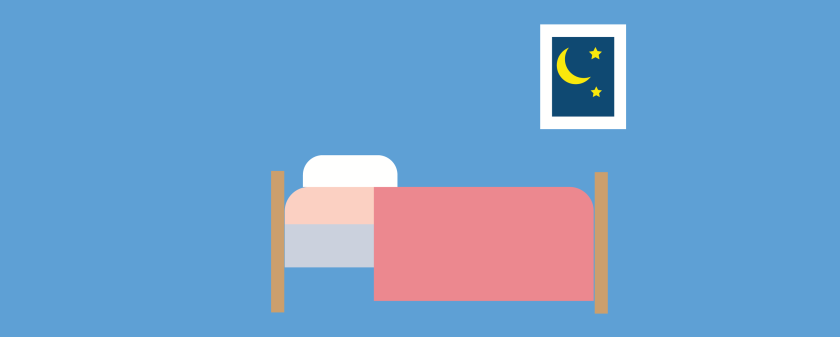 illustratie van een bed in een kamer met een raam en een lucht met sterren en de maan