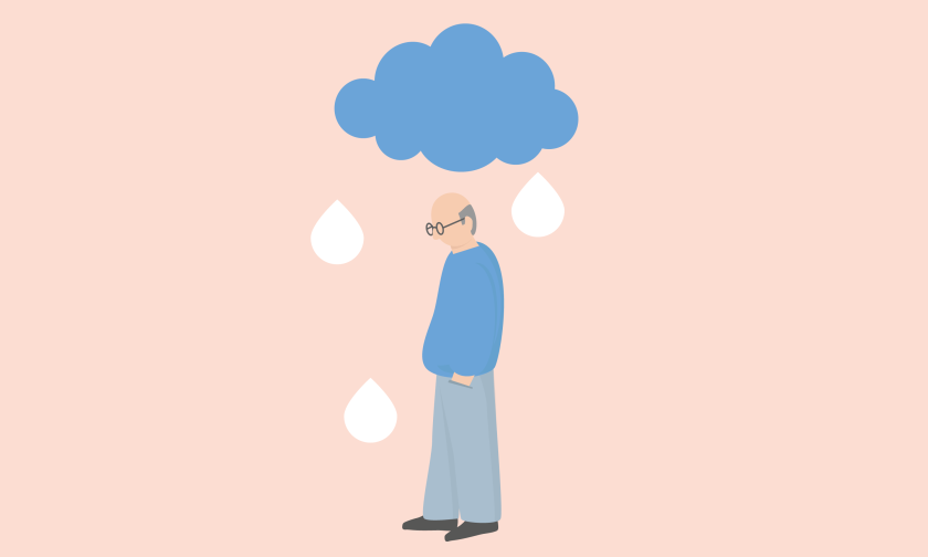 man die mismoedig naar beneden kijkt met boven zich een wolk waar druppels uit komen