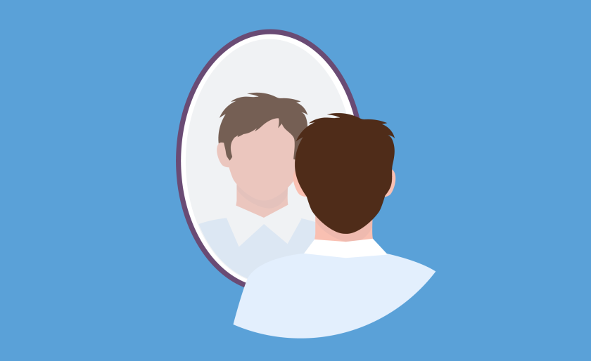 illustratie van een man die zichzelf aankijkt in de spiegel