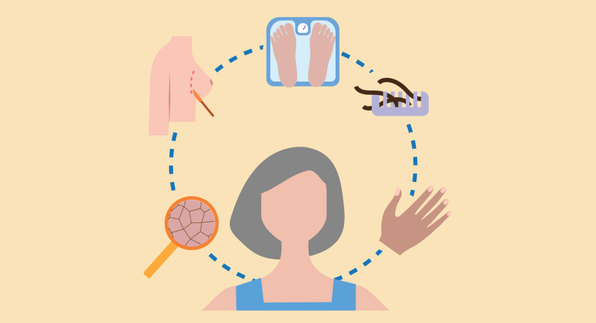 Illustratie van een vrouw zonder gezicht met 5 verschillende veranderingen in een cirkel om haar heen