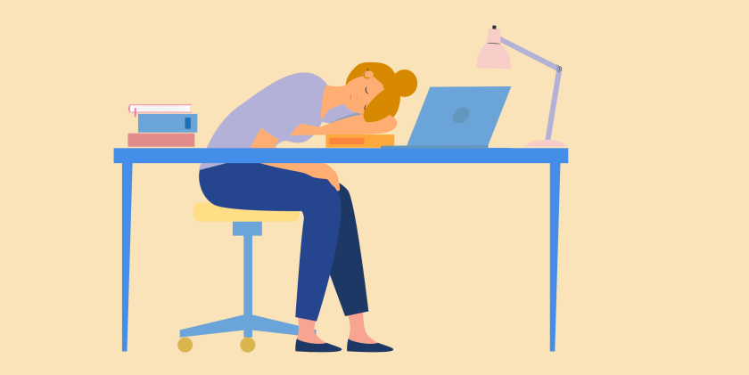 illustratie van een vrouw die op een bureaustoel zit met haar hoofd naast haar laptop liggend op tafel