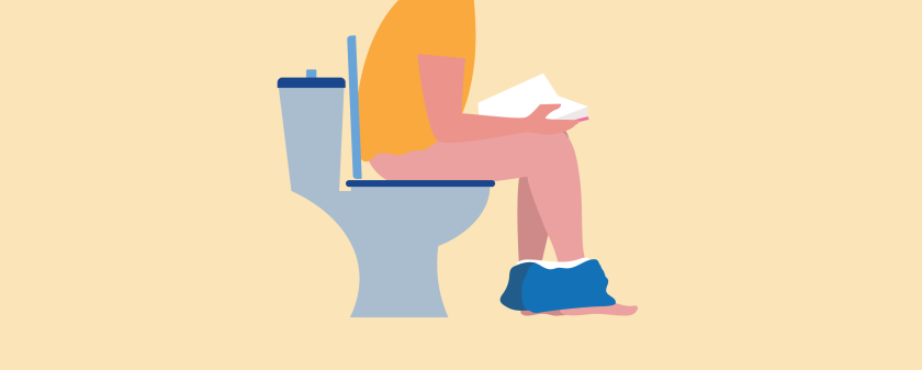 illustratie van een iemand die op de wc zit en een boek leest