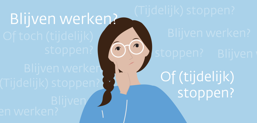 illustratie van vrouw die gedachten heeft over blijven werken of stoppen met werken