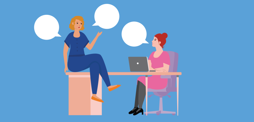 illustratie van 2 collega's die een gesprek voeren op kantoor