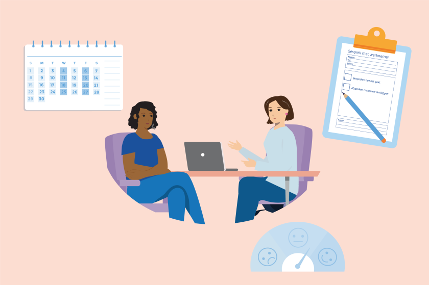 illustratie van gesprek tussen werkgever en werknemer met kalender en checklist erbij