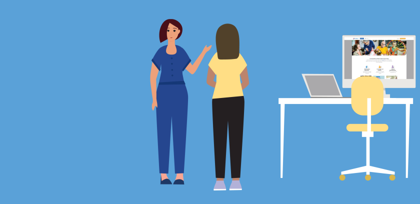 illustratie van 2 vrouwen in gesprek over werk staand bij een bureau