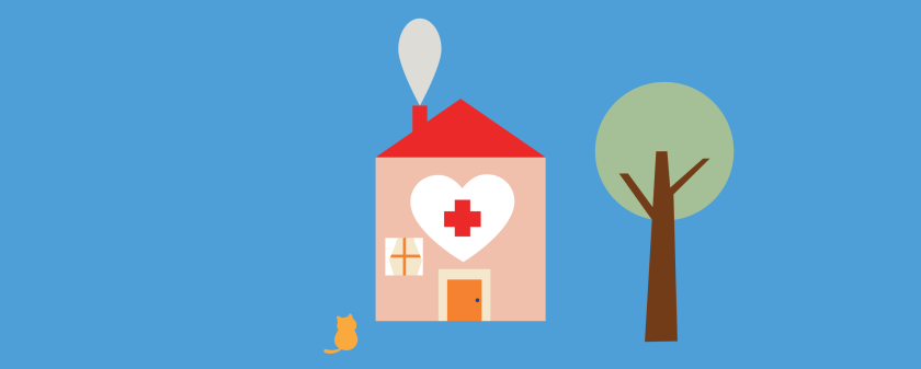 illustratie van een huis met een hart en een rood kruis erop, met een boom en een poes ernaast.