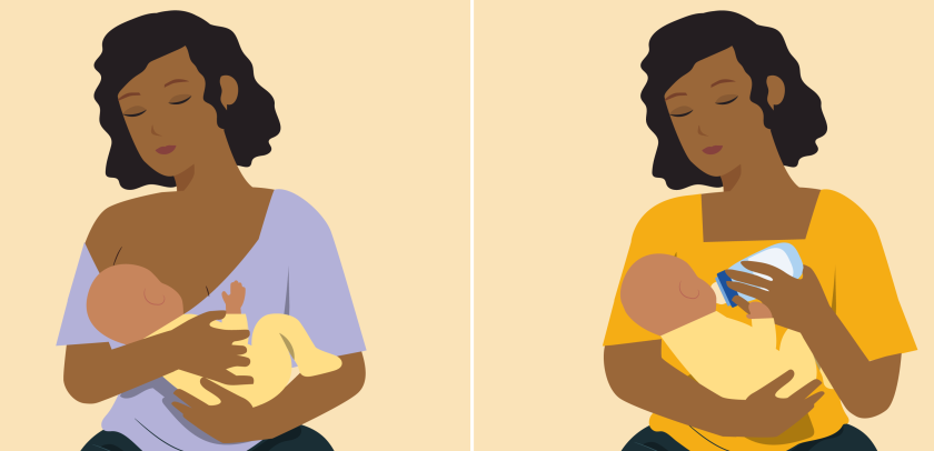 illustratie van 2 keer dezelfde vrouw - links geeft ze de baby borstvoeding, rechts geeft ze de baby de fles