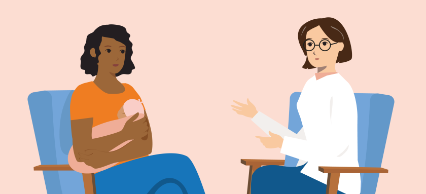 illustratie van vrouw met baby die praat met arts, beiden zitten op een stoel