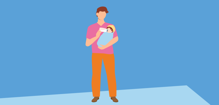 illustratie van partner van de moeder, staand met baby in de armen terwijl het fles krijgt