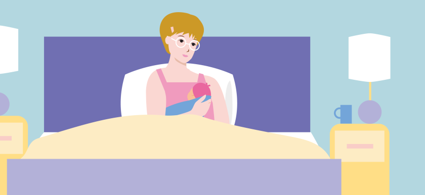 illustratie van vrouw in bed met baby op schoot